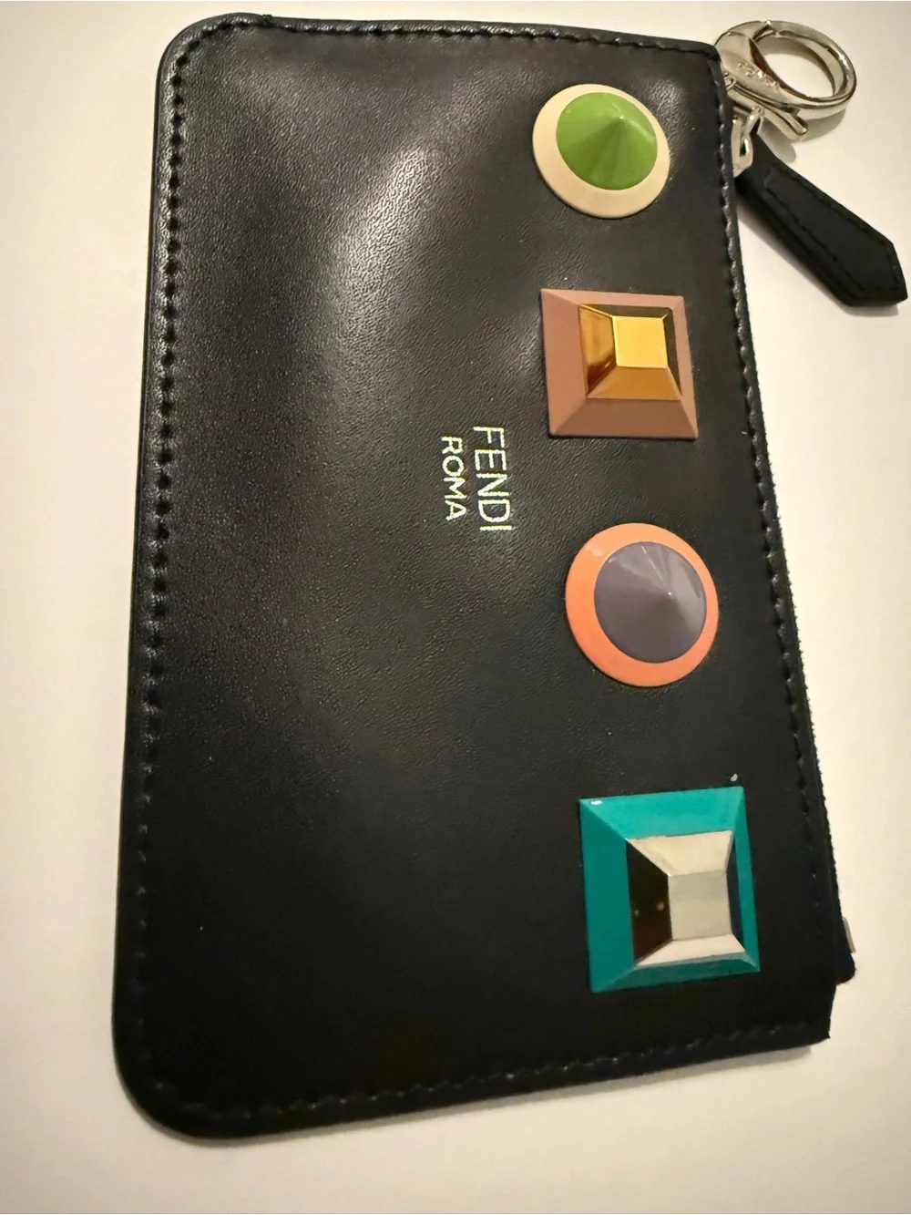 Fendi Rainbow Studs Vitello Leather Coin Card Pouch Keychain